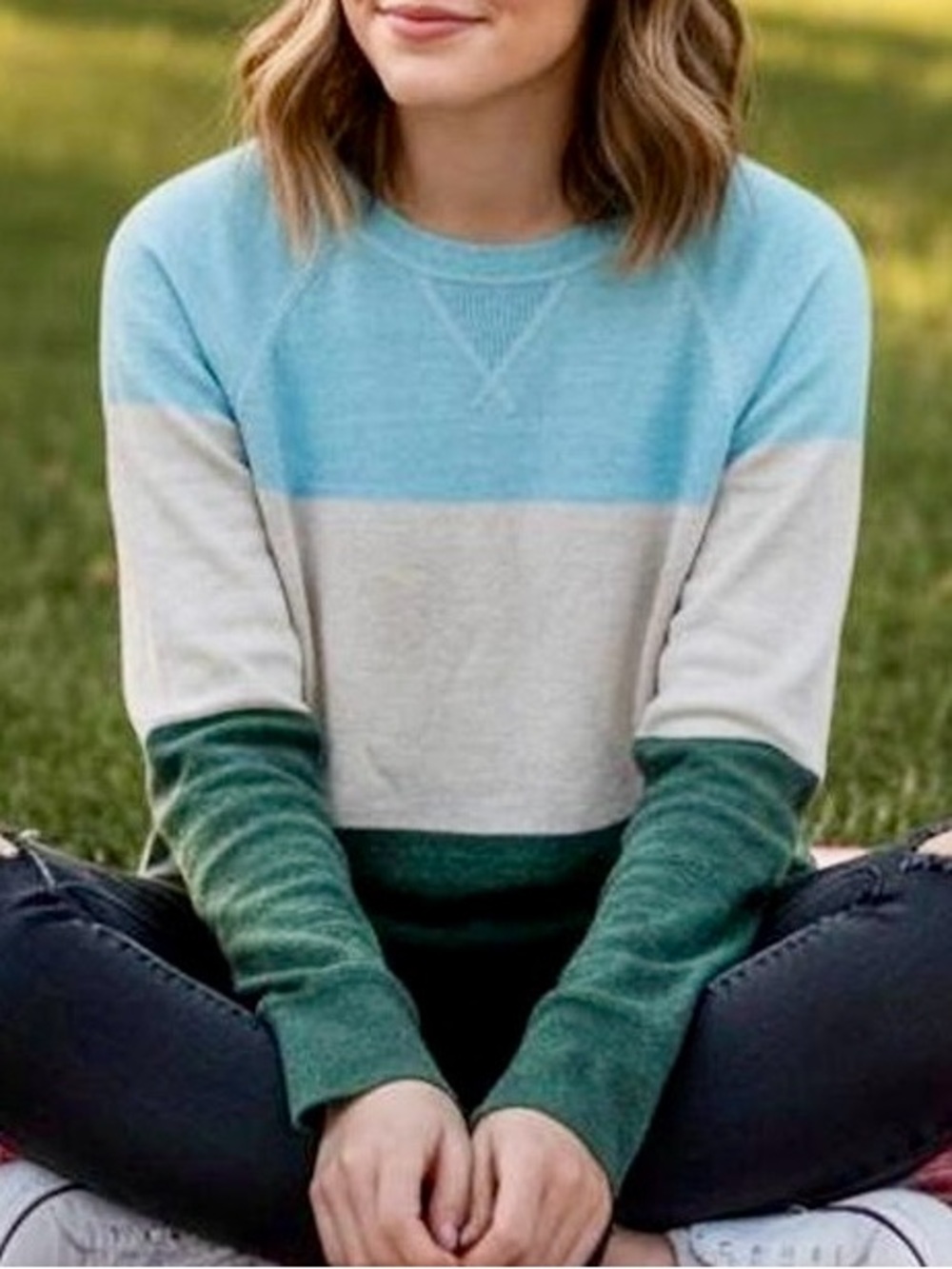 L.L. Bean Colorblock Crewneck Sweater in Sky Blue, Cream & Forest Green